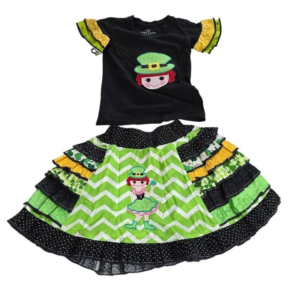 Girl's Size 4/5 Black Green St Paddy’s Day Raggedy Ann Custom Skirt Top Outfit